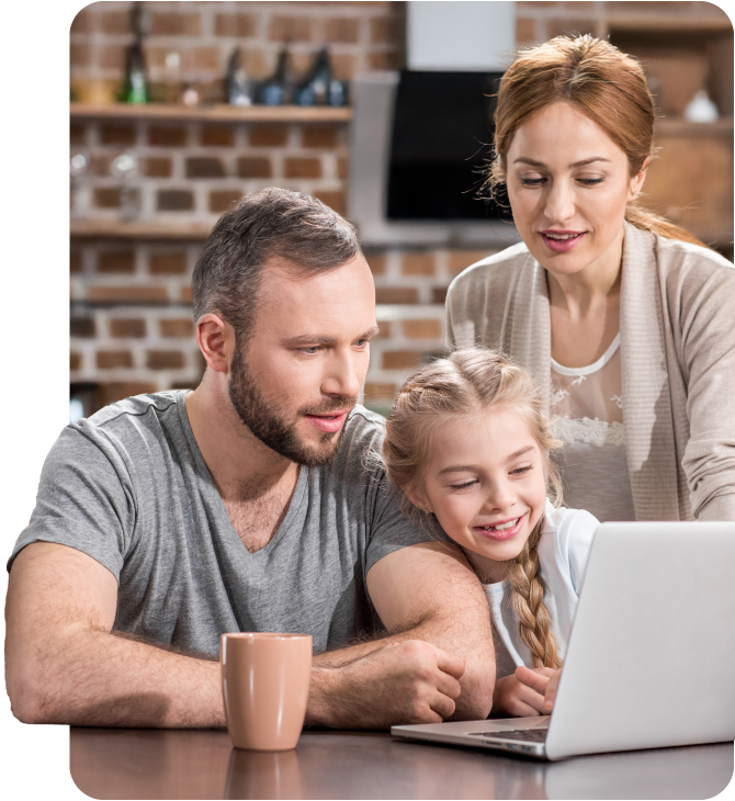 Couple with daughter using a laptop in their kitchen to explore Guardian Credit Union’s Fast Cash Loan benefits, highlighting quick approval, flexible terms, and easy online access for family financial planning.