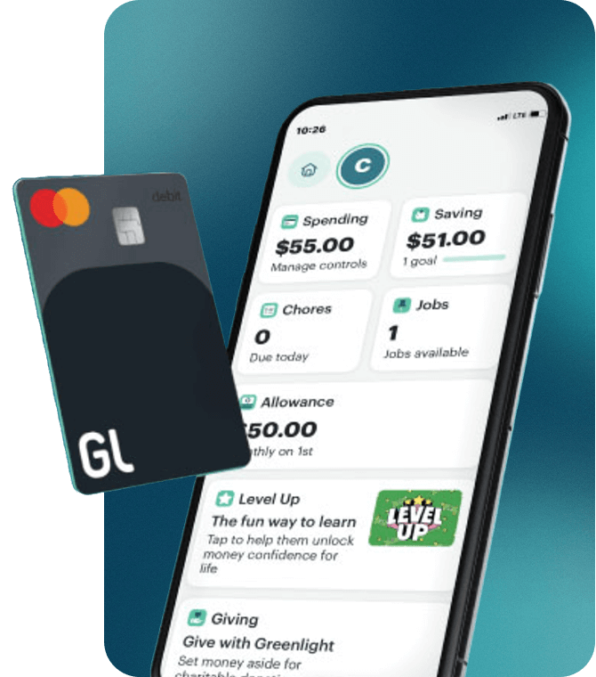 Greenlight debit card and app dashboard showing spending, saving, chores, and financial literacy tools via Guardian CU partnership