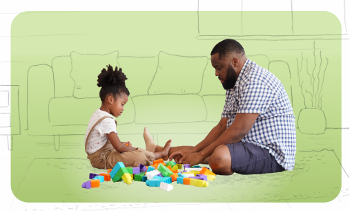 Father and daughter are playing on the floor with blocks in a living room with a wall, carpenter, and furniture made with sketches.