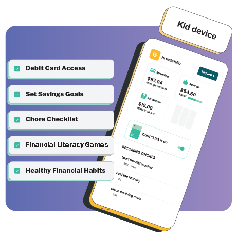 Smartphone showing Greenlight kids banking app with savings goals and money tools.