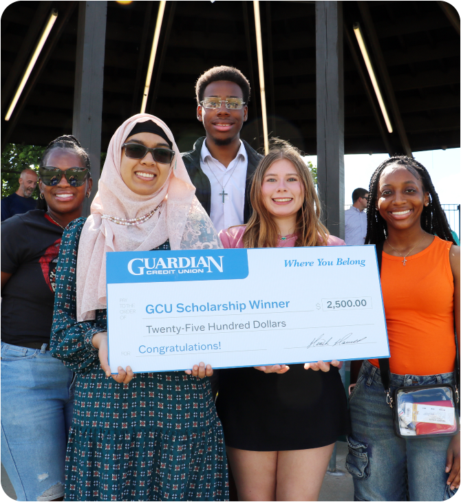 Photo of five of the Guardian Credit Union 2025 Scholarship Recipients holding the $2,500 check!