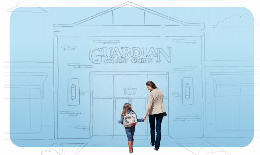 Mother and daughter happily walk to a Guardian Credit Union Branch.