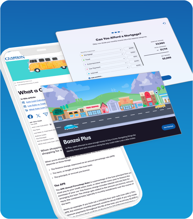 Guardian Credit Union digital tools displaying mortgage calculator, educational article on APR, and interactive Banzai Plus game, promoting financial literacy and smart money decisions for members.