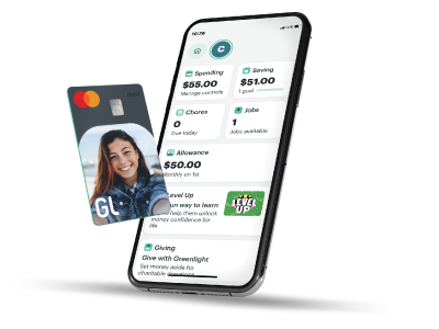 Greenlight debit card and app dashboard showing spending, saving, and financial literacy tools via Guardian CU partnership