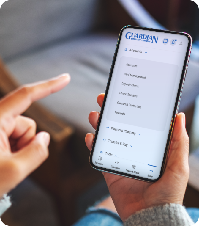 Person using Guardian Credit Union mobile app for secure online banking and financial account management