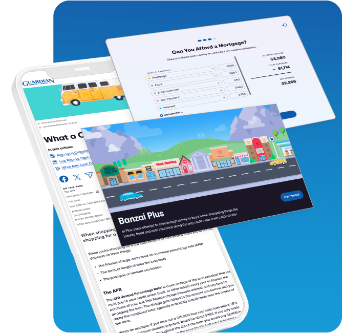 Guardian CU tools show mortgage calculator, APR article, and Banzai Plus game for financial literacy.