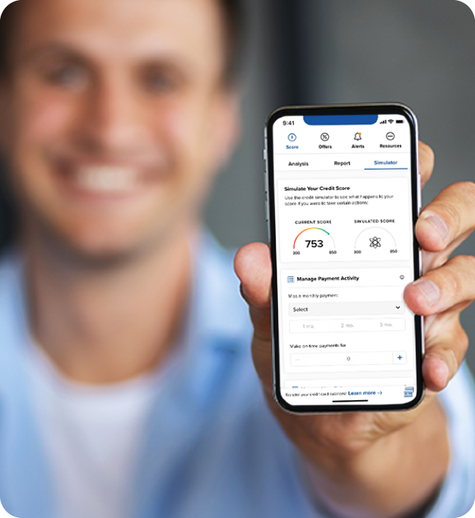 Guardian Credit Union Member happily displays his access to credit score updates, alerts, monitoring, and personalized offers on his smartphone.