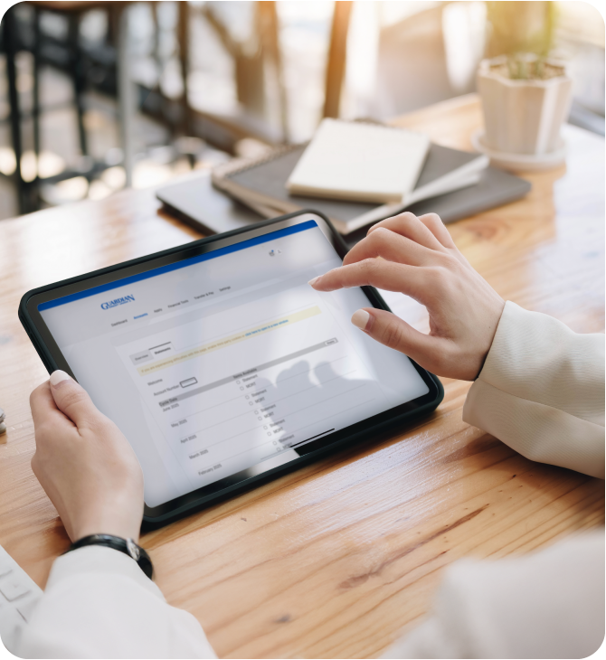 Member accessing Guardian Credit Union eStatements on a tablet—enjoying access anywhere, increased security, and the convenience of easy downloading and sharing through digital banking.