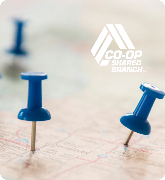 U.S. map with pushpins and CO-OP Shared Branch logo, showing nationwide credit union access.