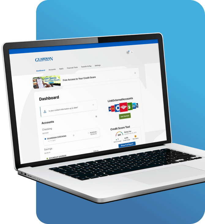 Laptop screen displays Guardian Credit Union online banking dashboard with account details, tools, and credit score access