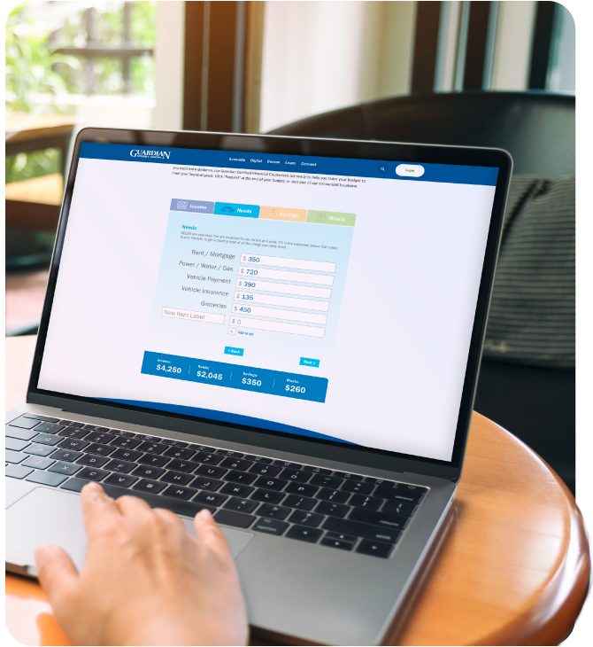 Guardian Credit Union’s Builder Builder tool helps track income, needs, savings, and wants