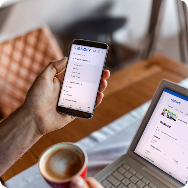 Member accessing Guardian Credit Union’s online and mobile banking to manage accounts from phone and laptop