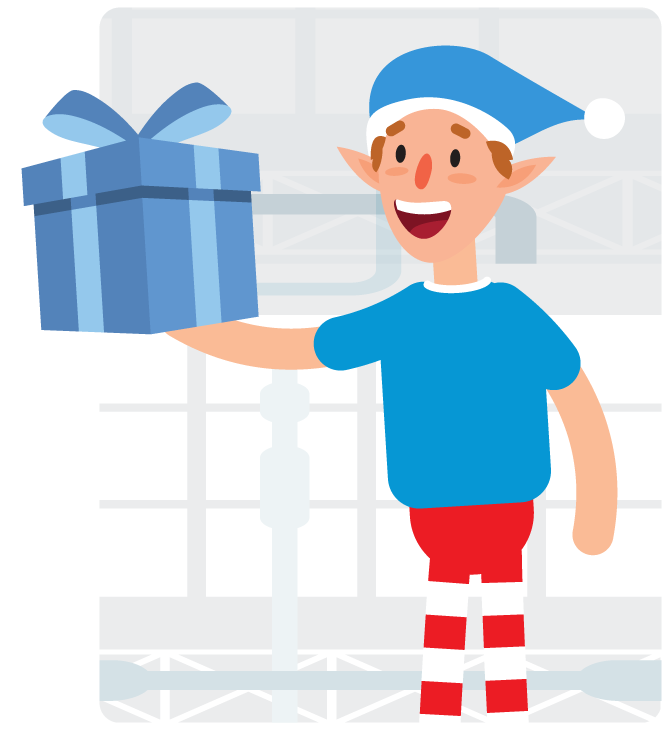 Cartoon of Guardian's Holiday Helper offering a holiday gift.