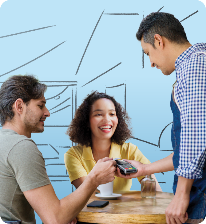 Smiling couple makes contactless payment, showing ease of Guardian CU checking for everyday purchases