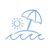 Vacation icon, Sun, umbrella on the sand and water waves